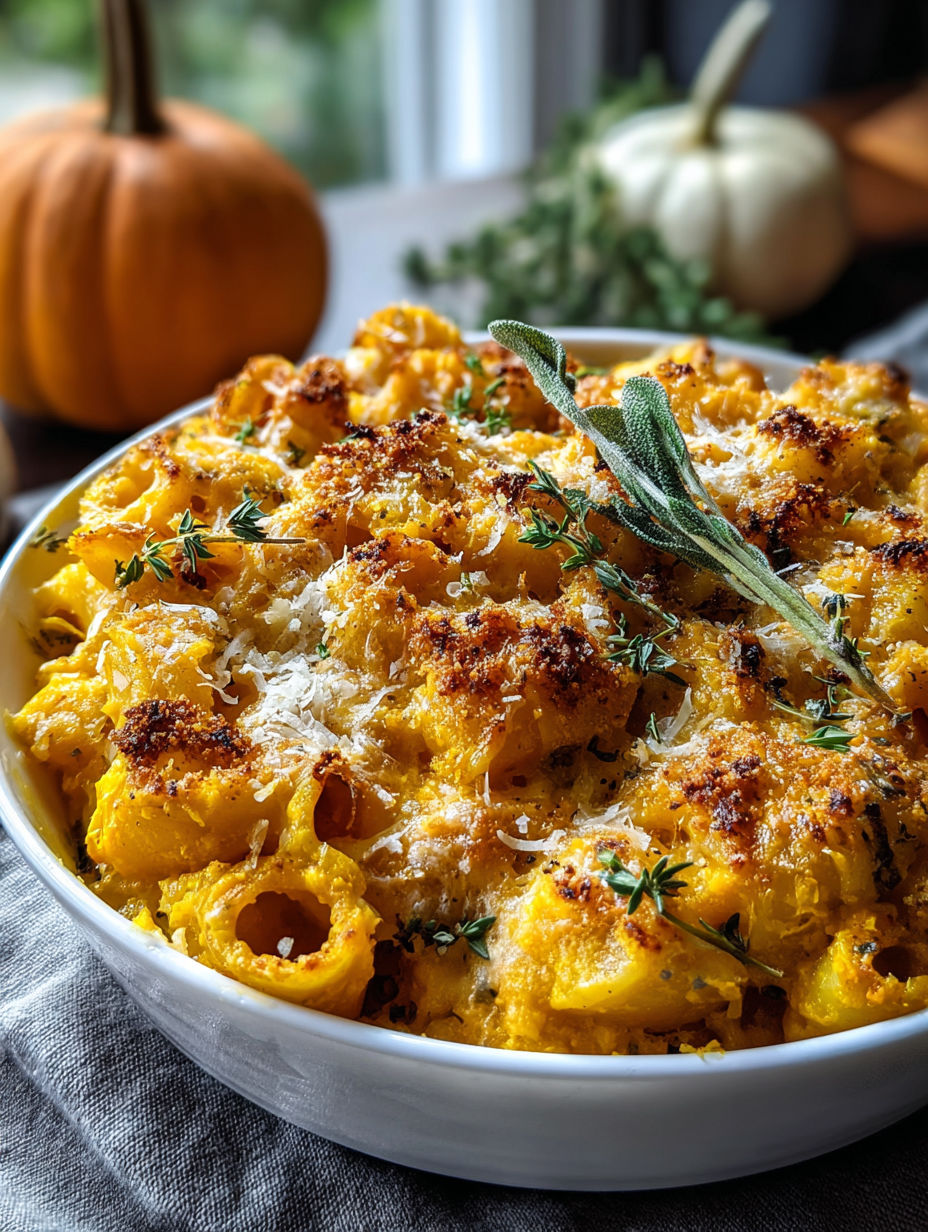 A bowl of cheesy pumpkin pasta bake.