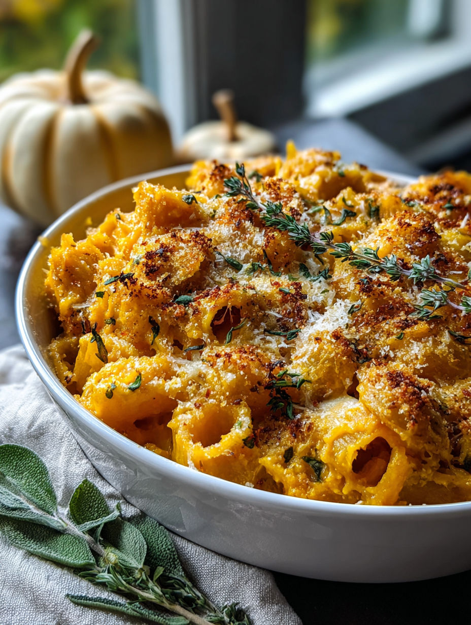 A bowl of cheesy pumpkin pasta bake.