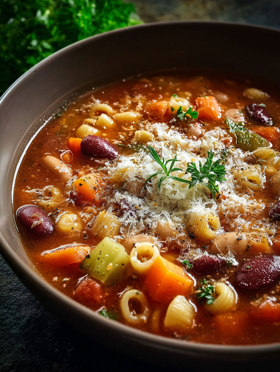 A bowl of Italian Pasta Fagioli Soup.