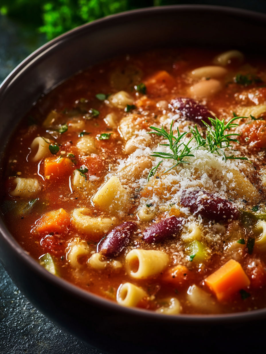 A bowl of Italian pasta fagioli soup.