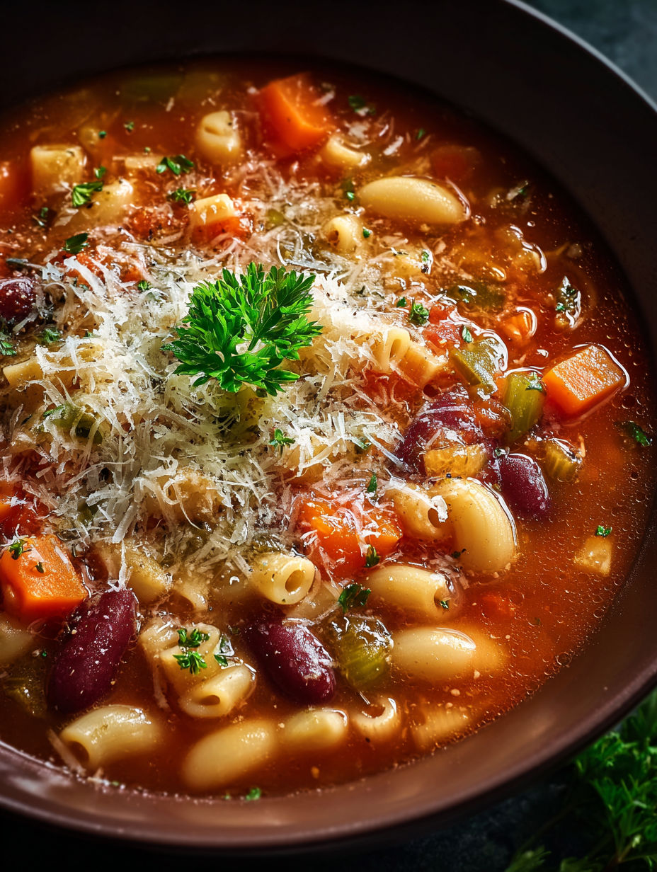 A bowl of Italian pasta fagioli soup.