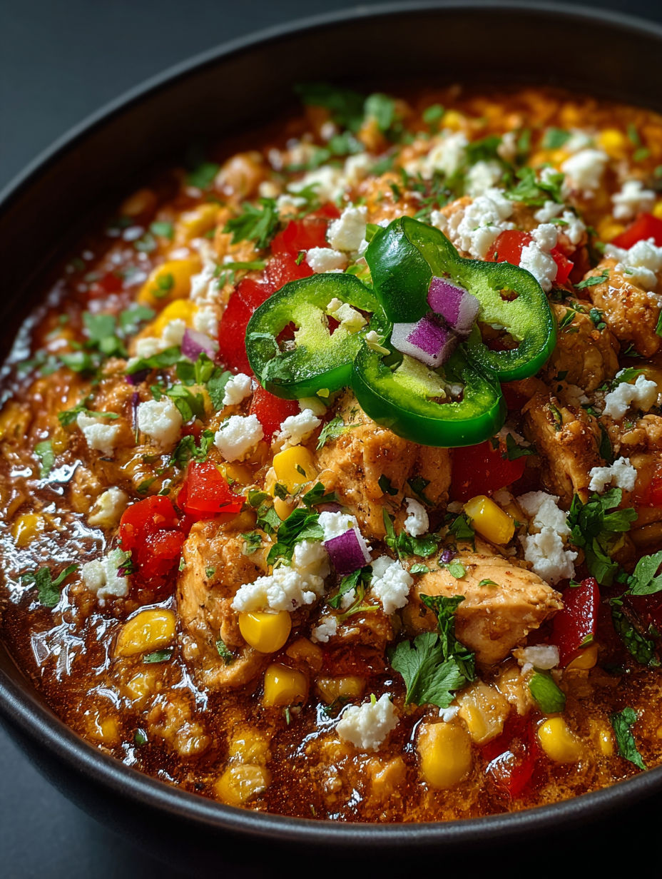 A bowl of chili with chicken and corn.