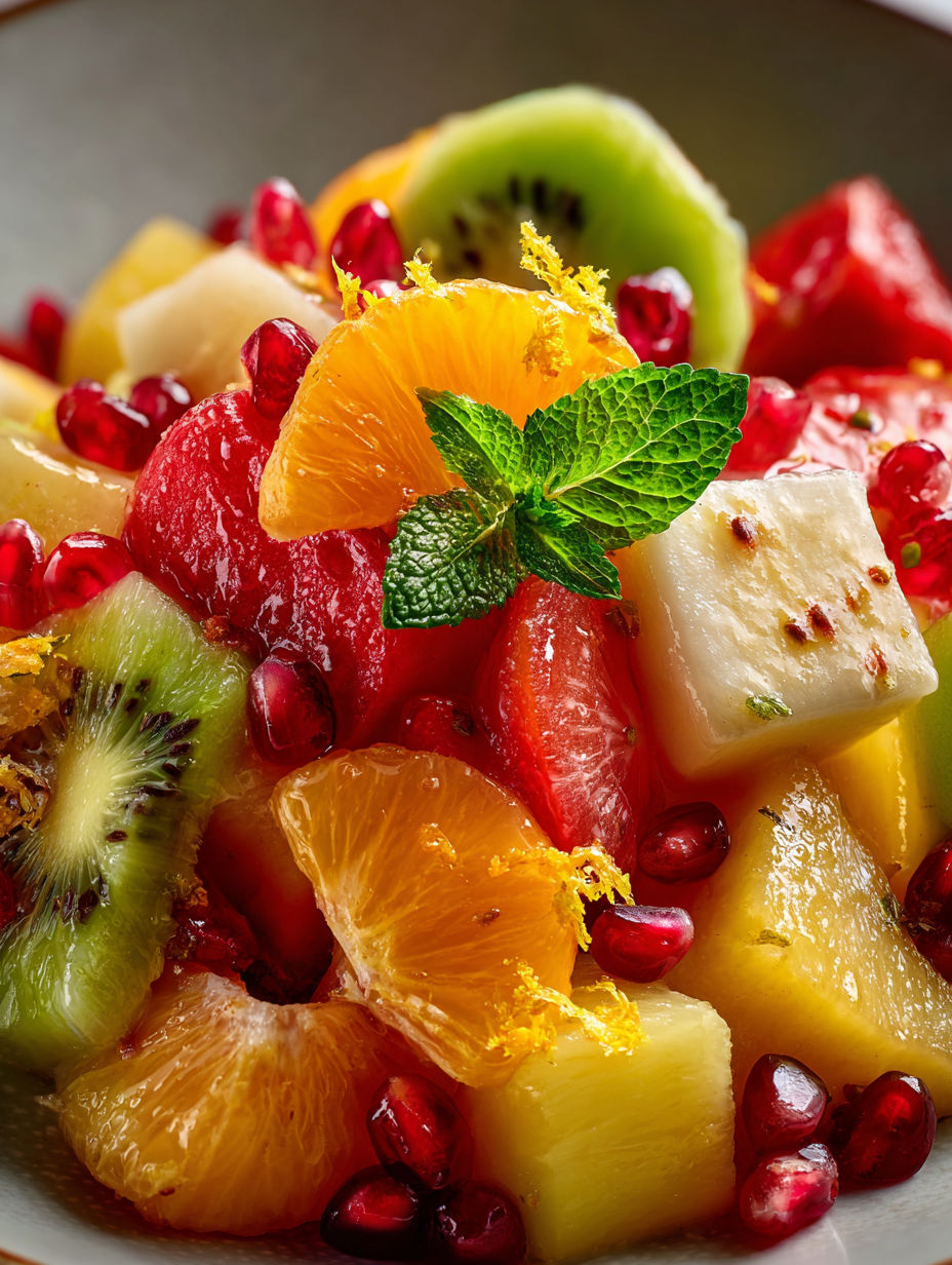 A colorful fruit salad with citrus zest.