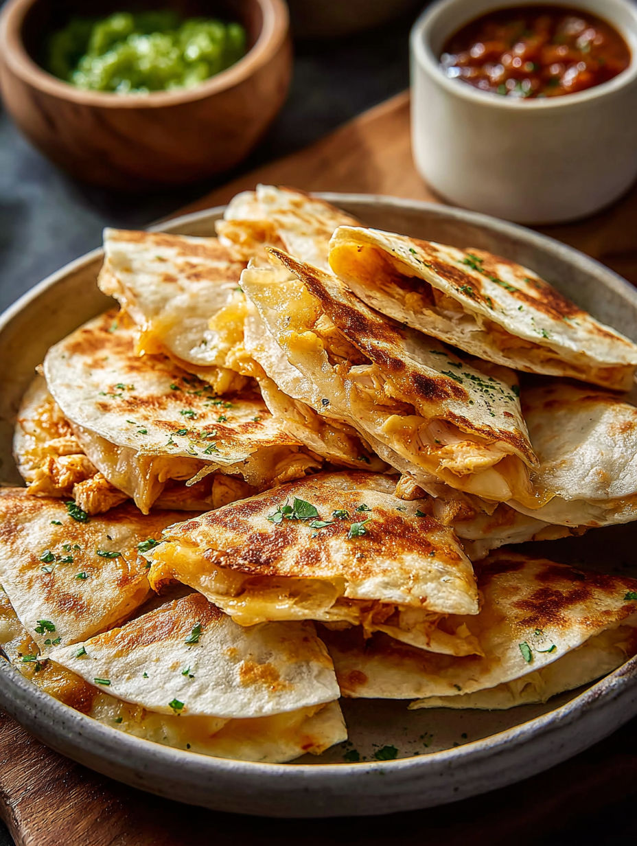 A plate of mini chicken quesadillas.