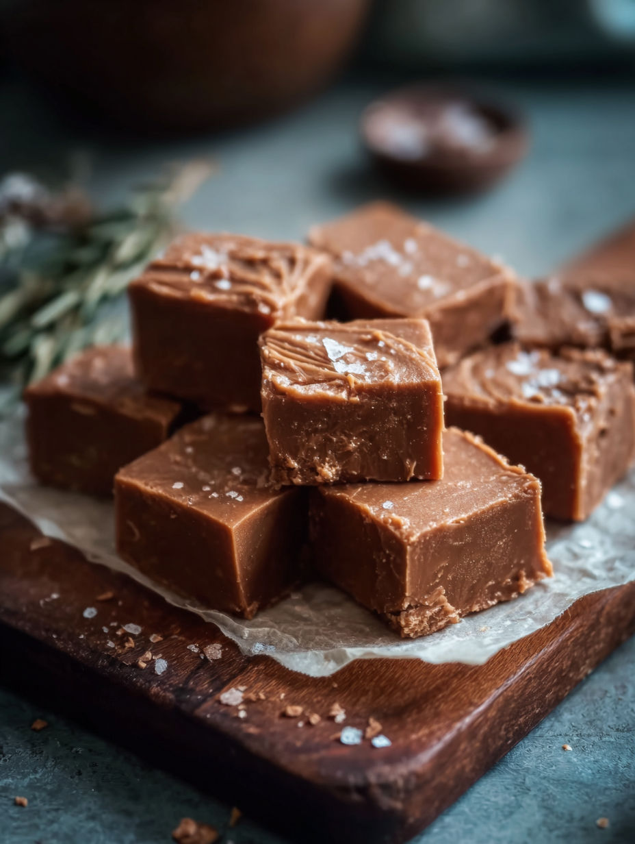 A wooden cutting board with a stack of old fashioned fudge.