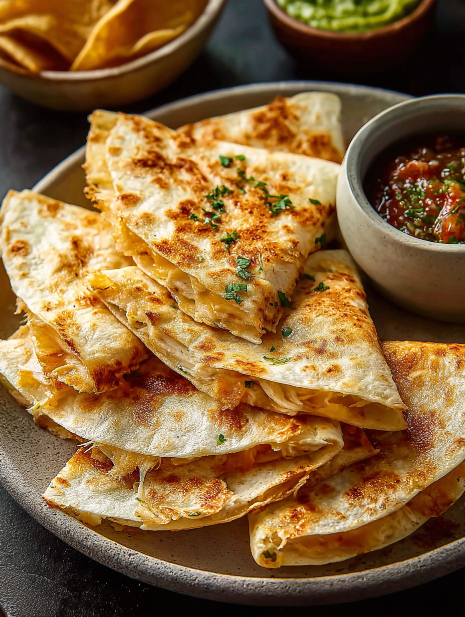 Mini chicken quesadillas on a plate.
