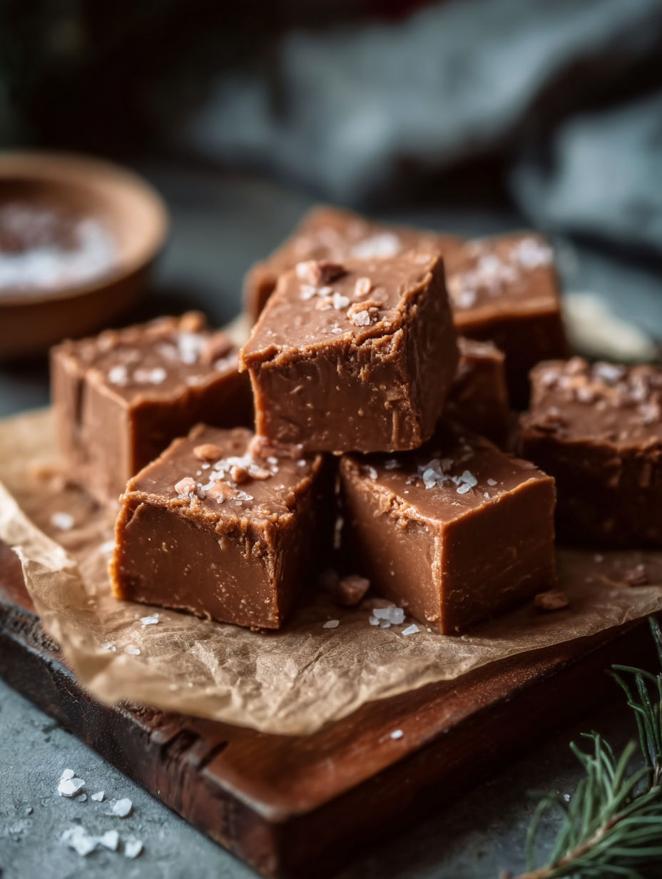 A wooden tray with a bowl of old fashioned fudge.