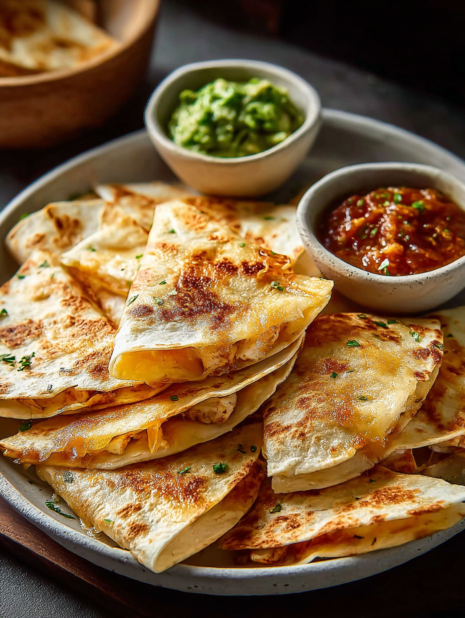 A plate of mini chicken quesadillas.