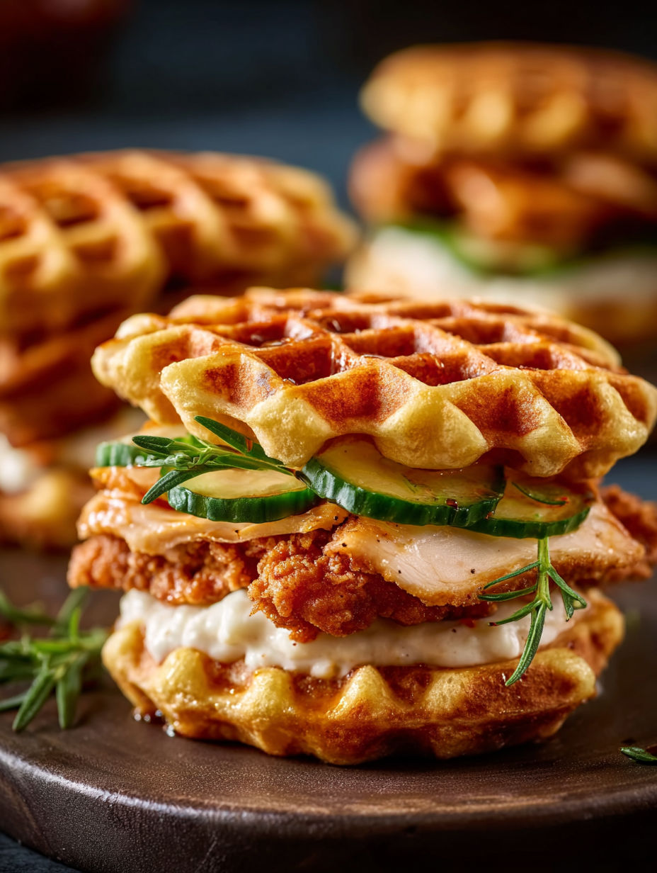 Chicken and waffle sliders with cucumber and cheese.