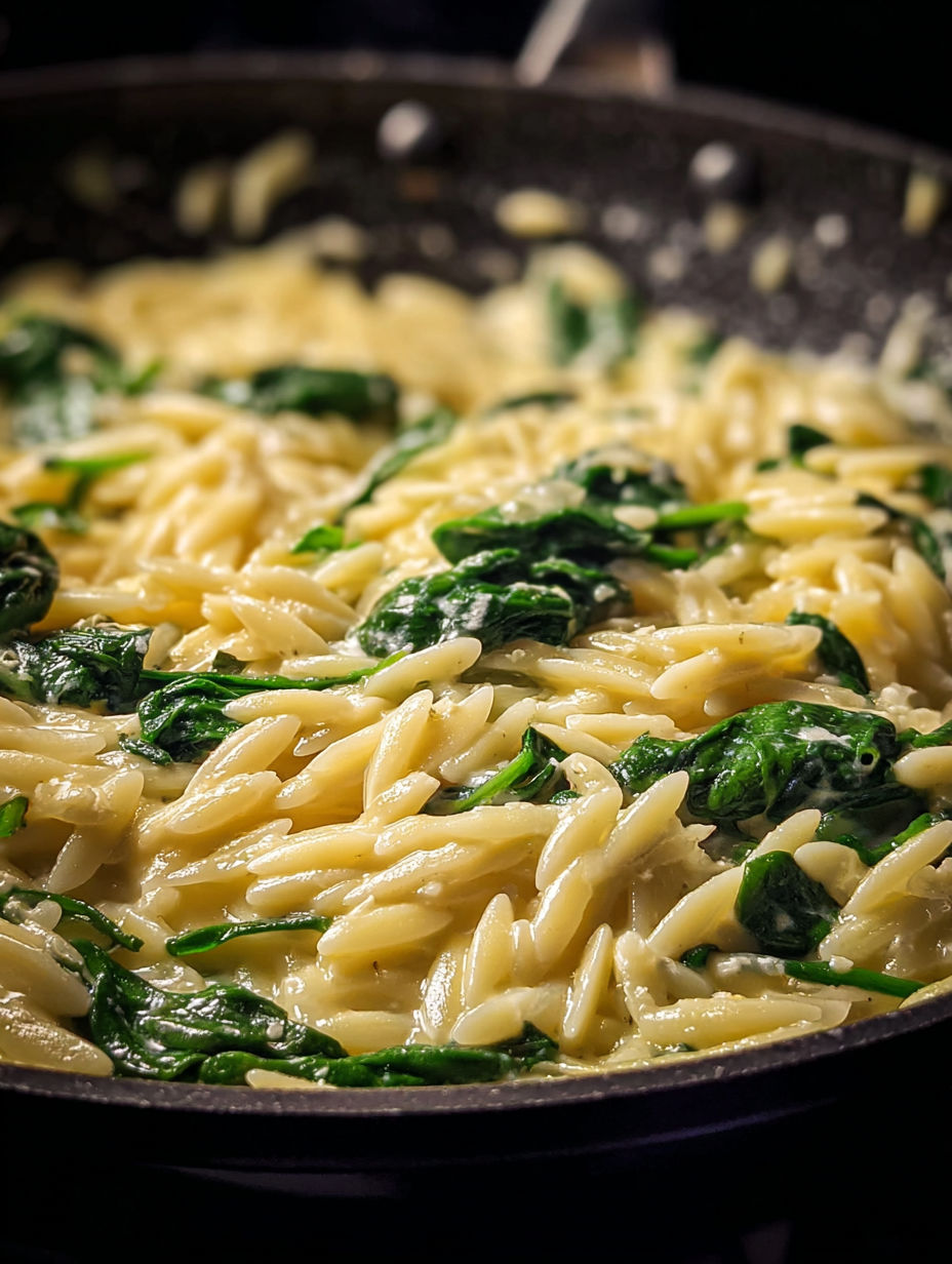 A pan of pasta with spinach and ricotta.
