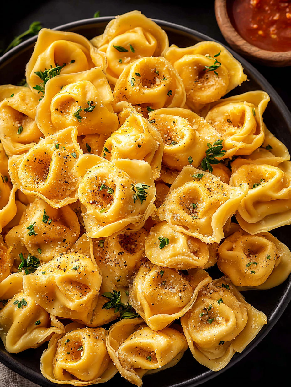 A bowl of cheese tortellini party snacks.