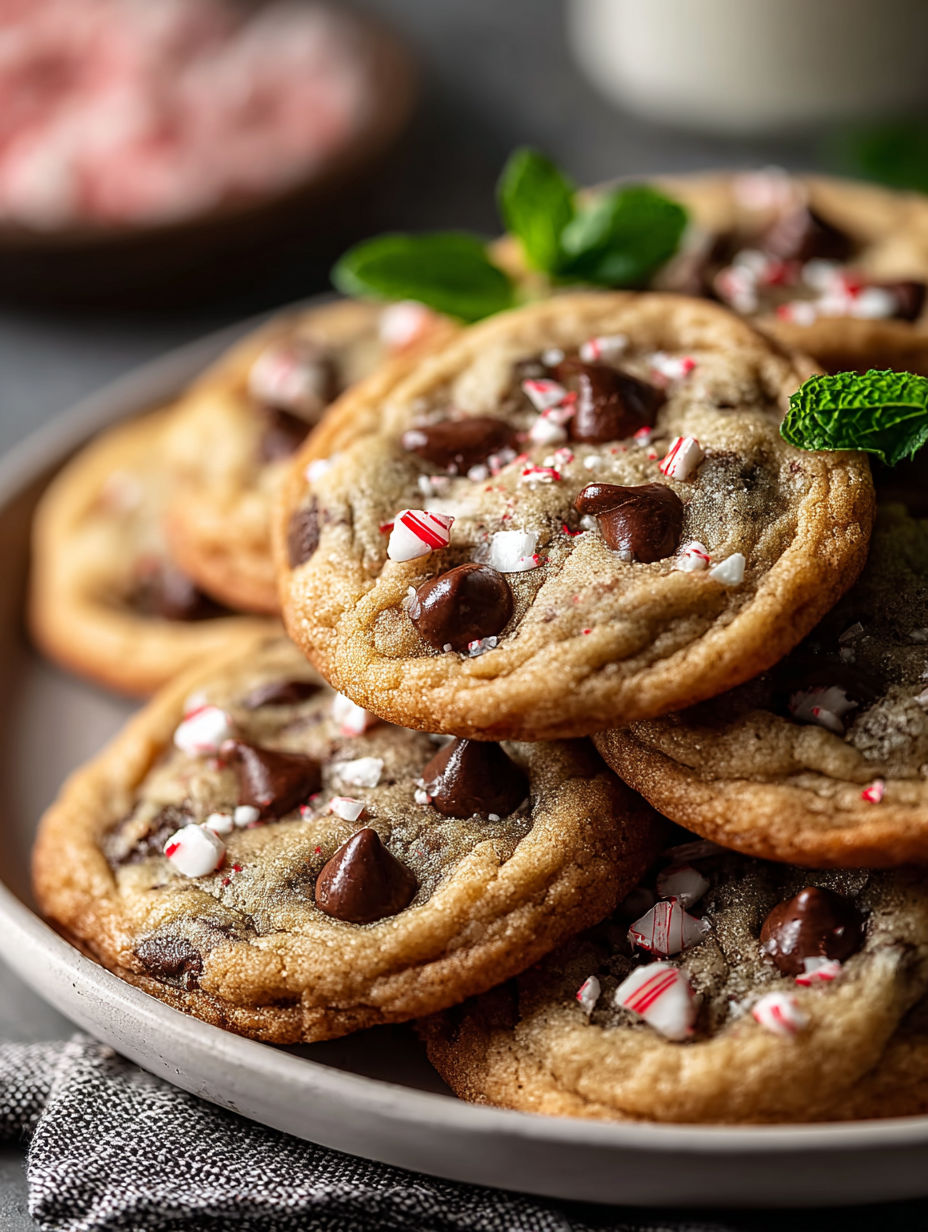 A plate of peppermint chocolate chip cookies.