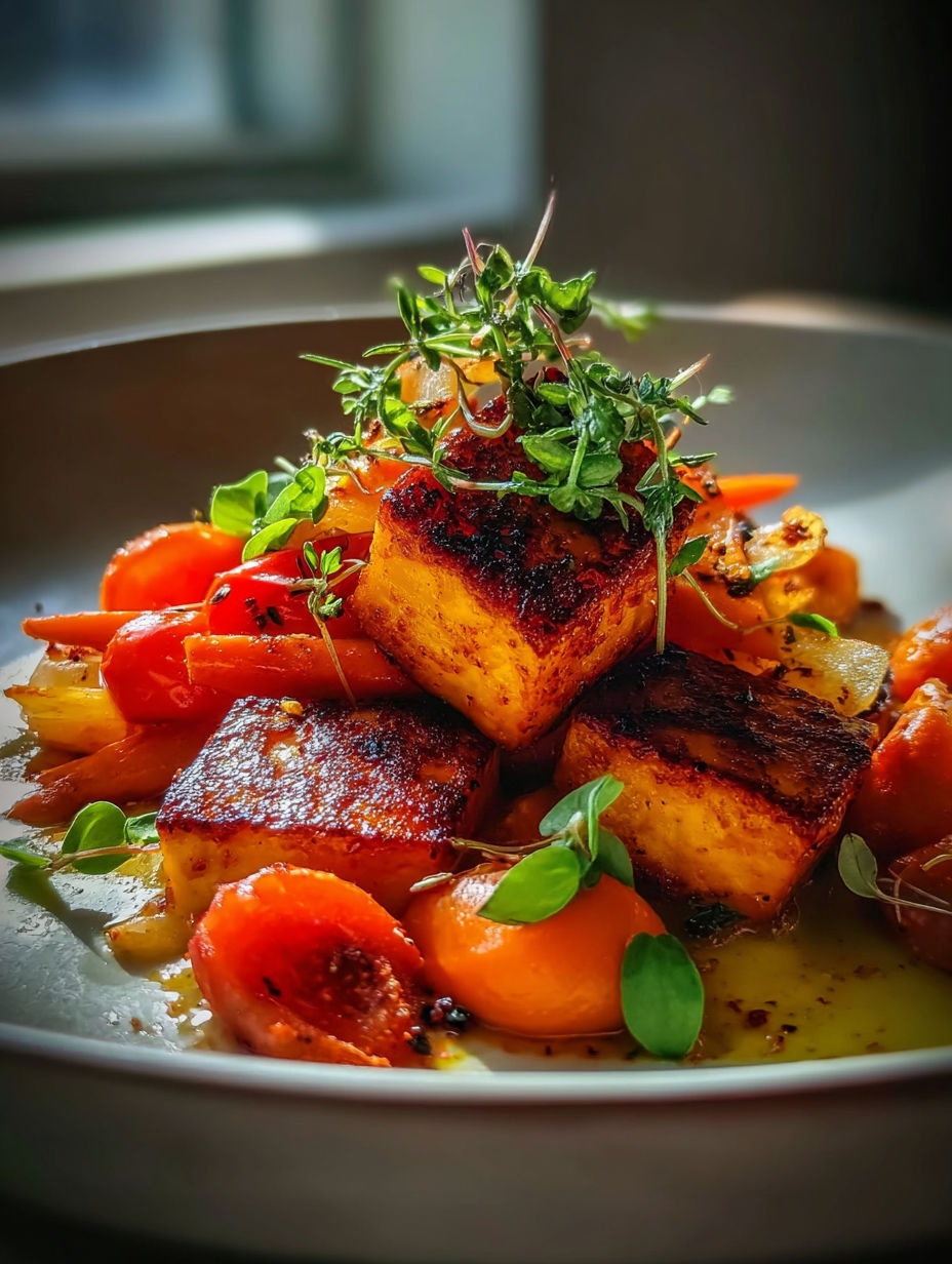 A plate of food with a garnish of herbs on top.