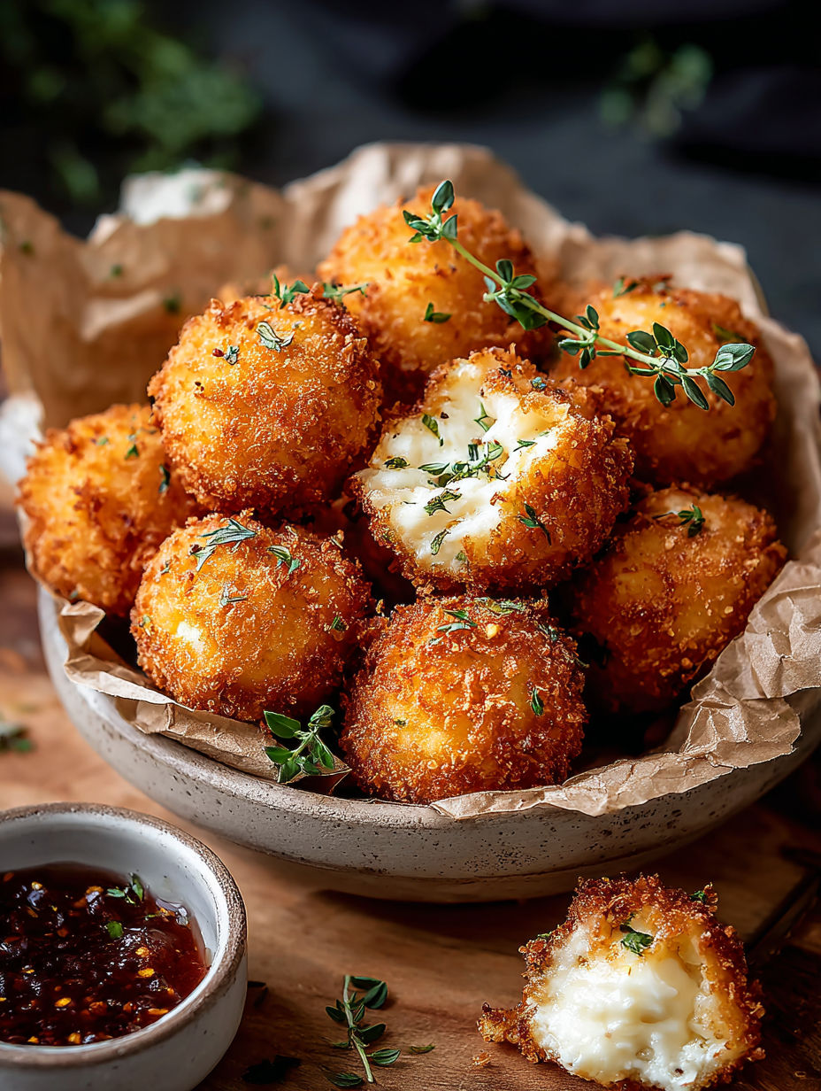 A bowl of crispy fried goat cheese balls.