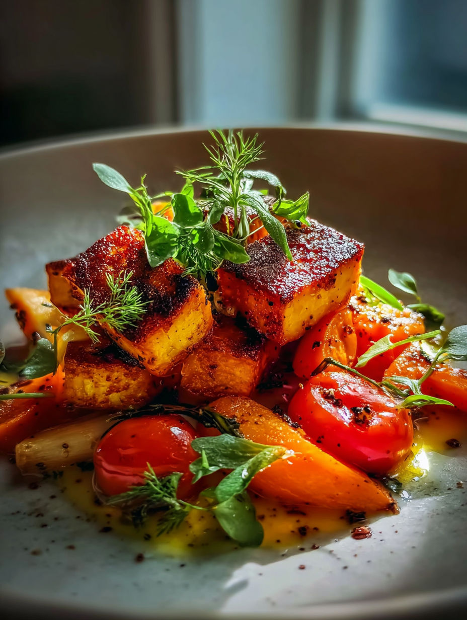 A plate of food with a variety of vegetables and herbs.