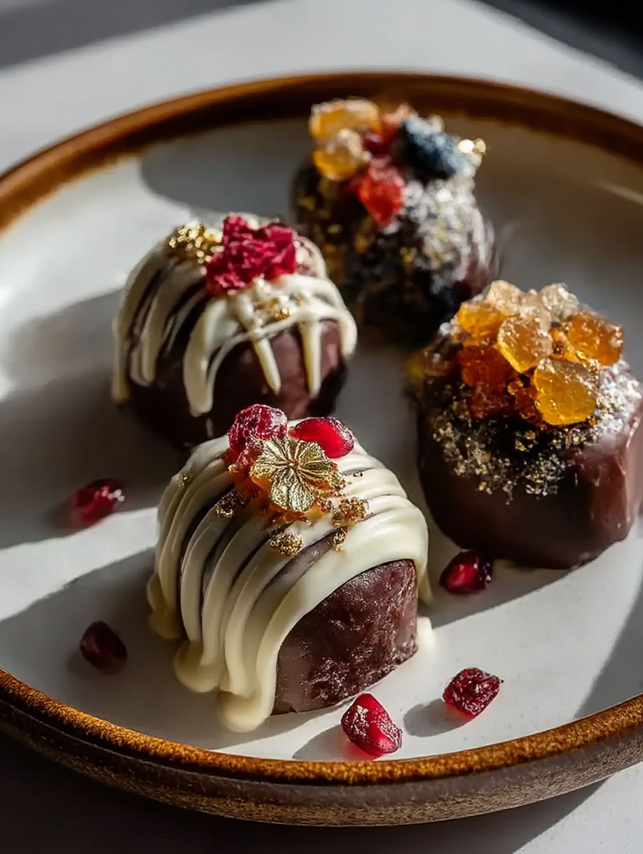 Chocolate desserts with gold flakes and red berries on a plate.