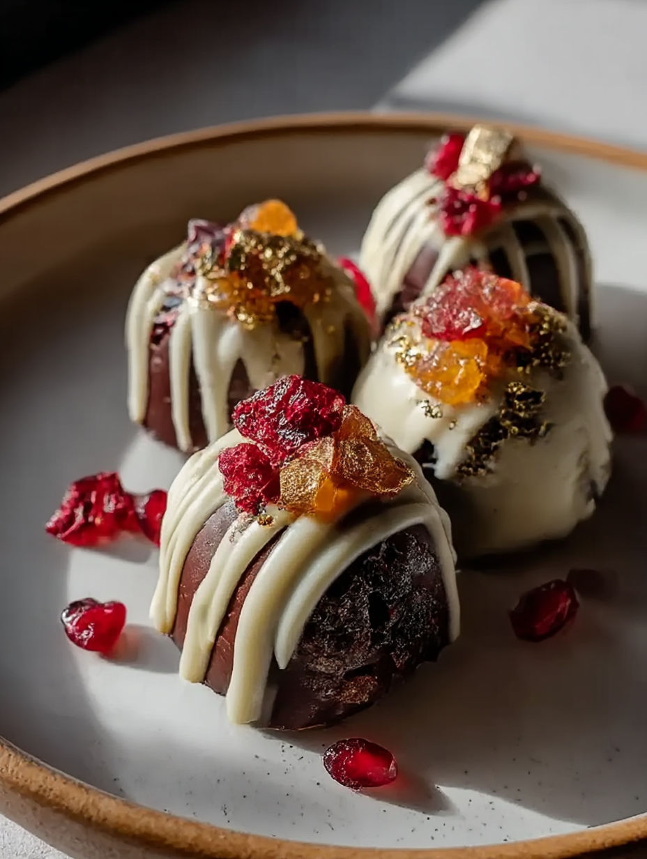 Three chocolate desserts with gold flakes and red berries.