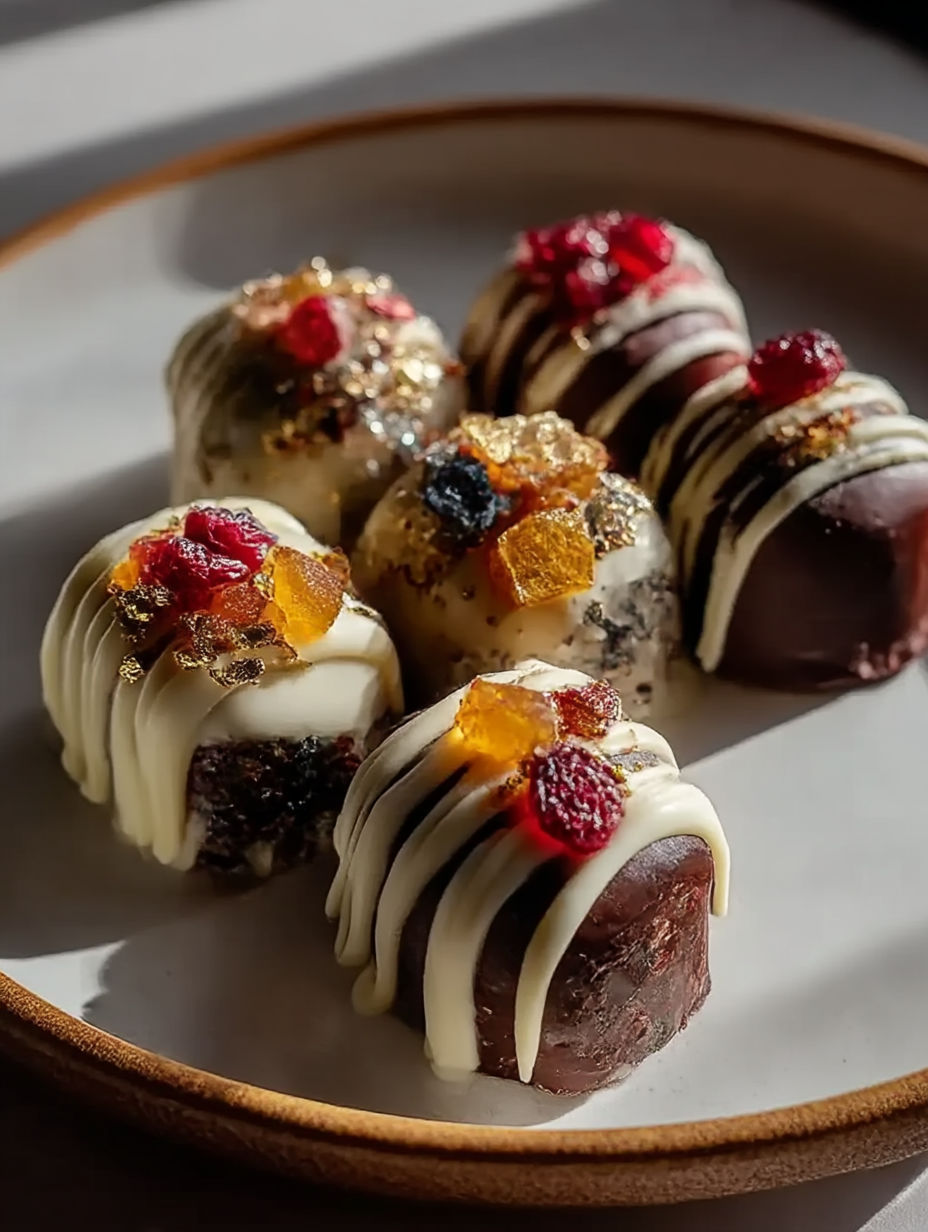 Chocolate desserts with fruit toppings on a plate.