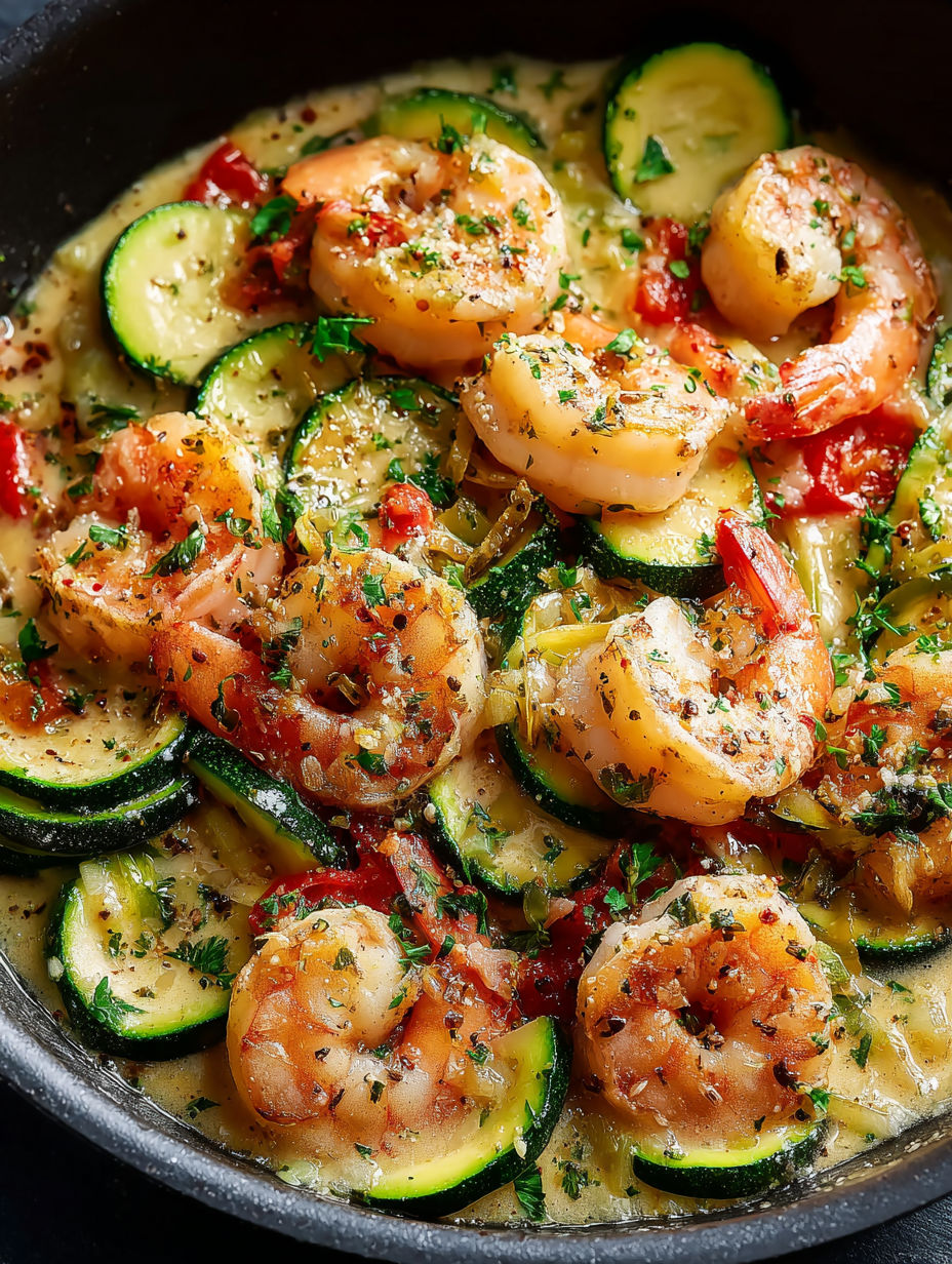 A skillet with shrimp and zucchini in a creamy sauce.