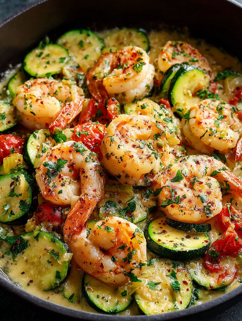 A skillet of shrimp and zucchini.