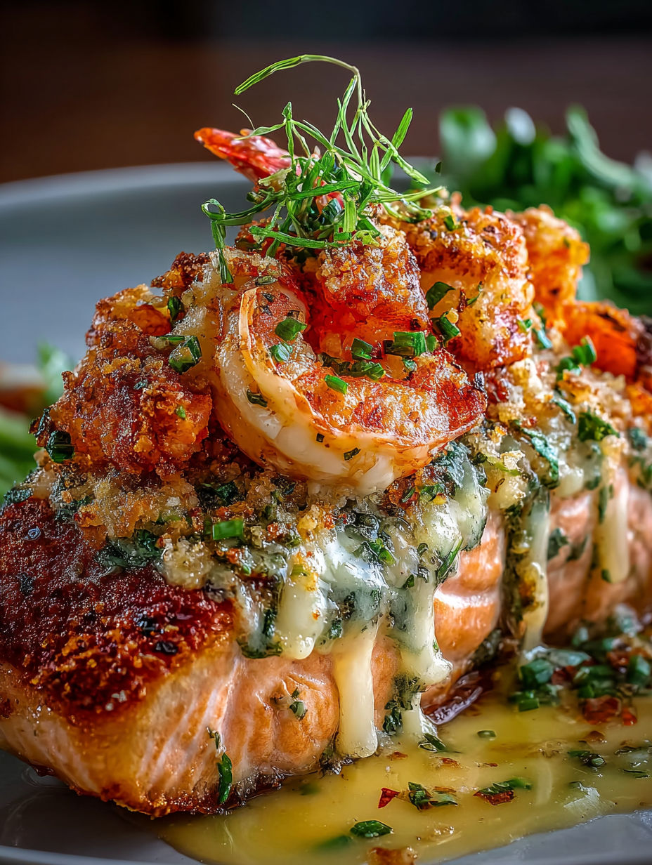 A dish of cooked salmon with shrimp on top.