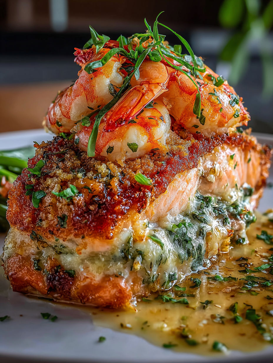 A plate of food with a salmon dish on top.