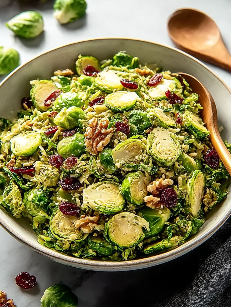 A bowl of Brussels sprouts salad with nuts and raisins.
