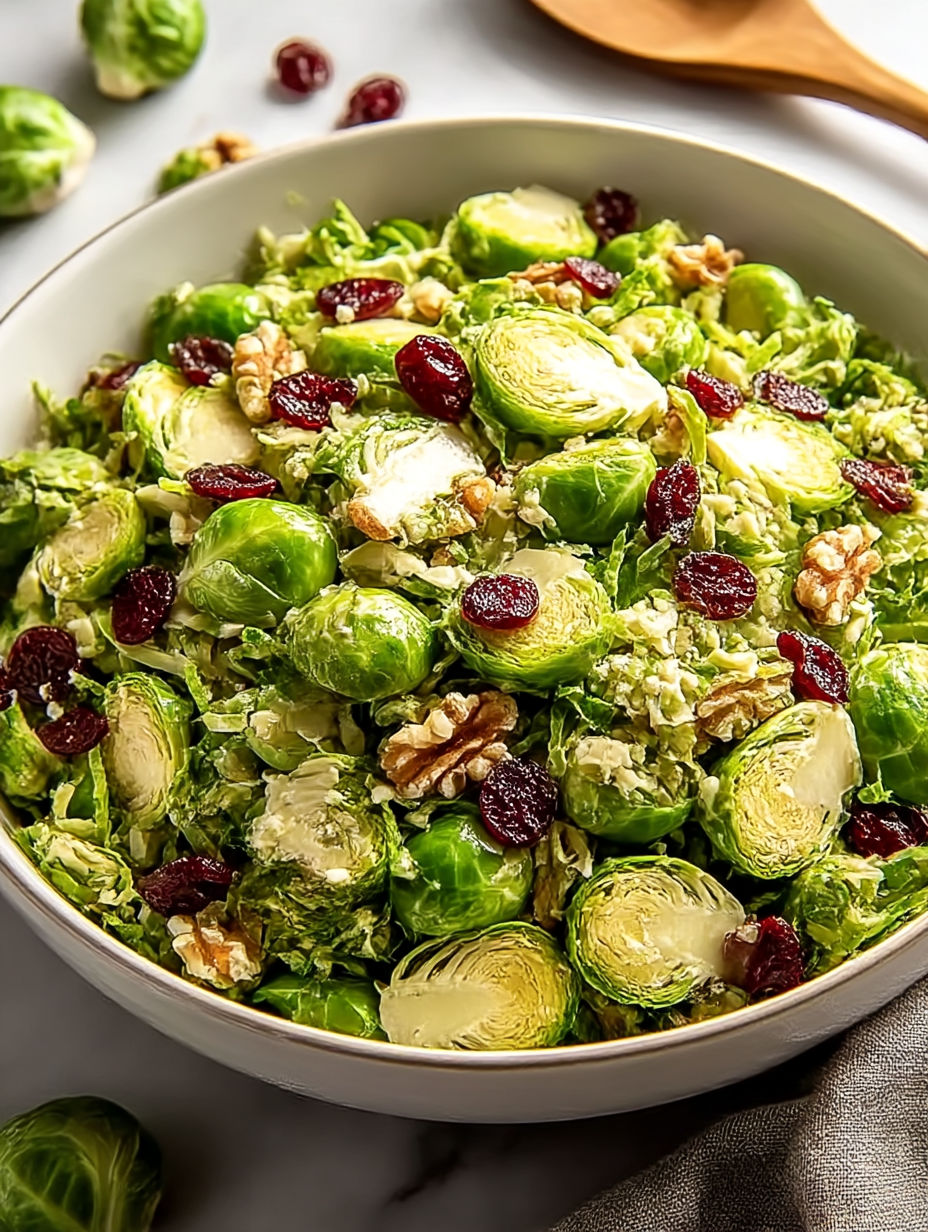 A bowl of Brussels sprouts salad with nuts and berries.