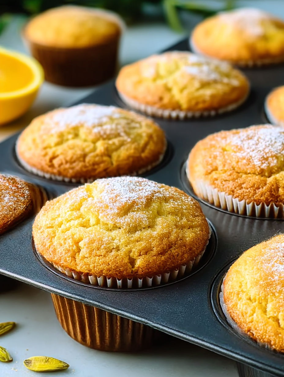 A tray of muffins with powdered sugar on top.