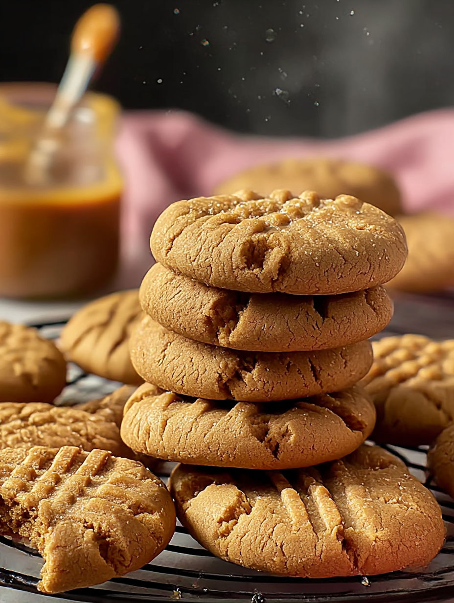 Peanut butter cookies stacked on a cooling rack.