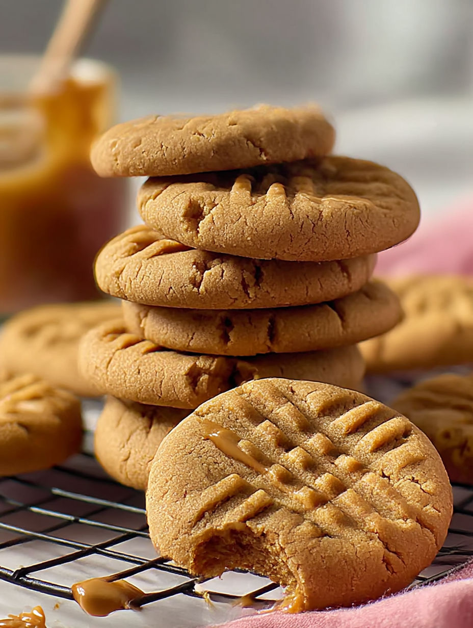 Peanut butter cookies stacked on a cooling rack.