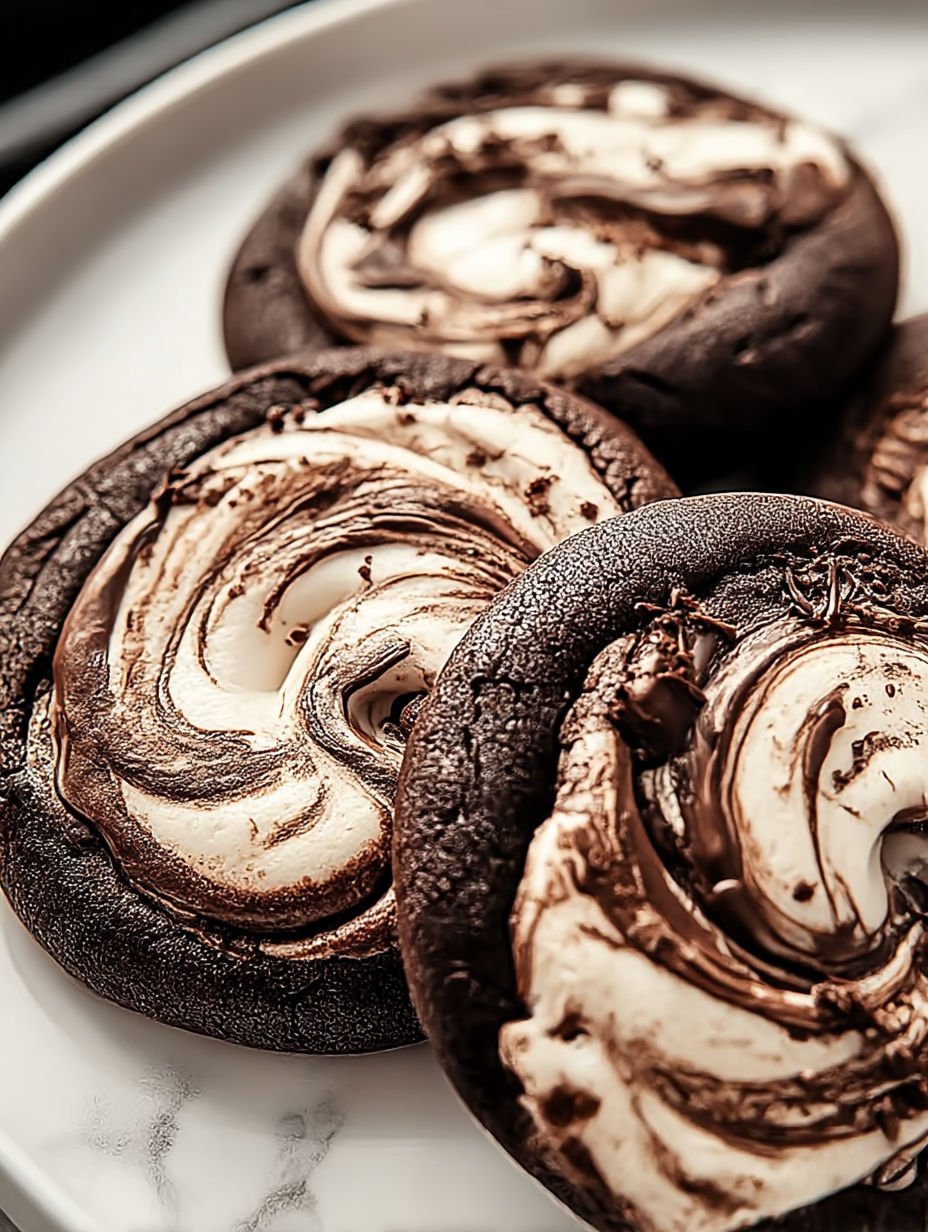 Chocolate marshmallow swirl cookies on a plate.