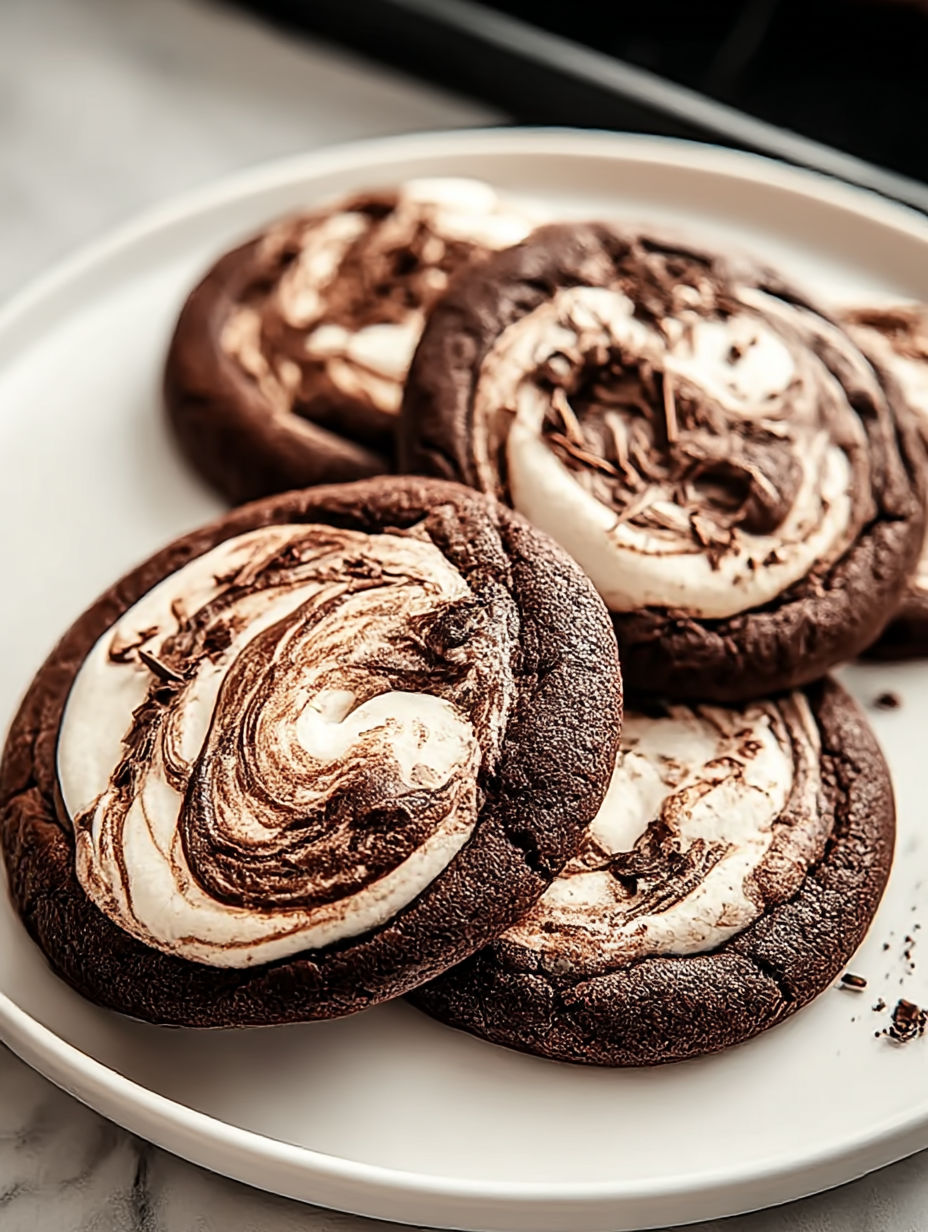 A plate of chocolate marshmallow swirl cookies.