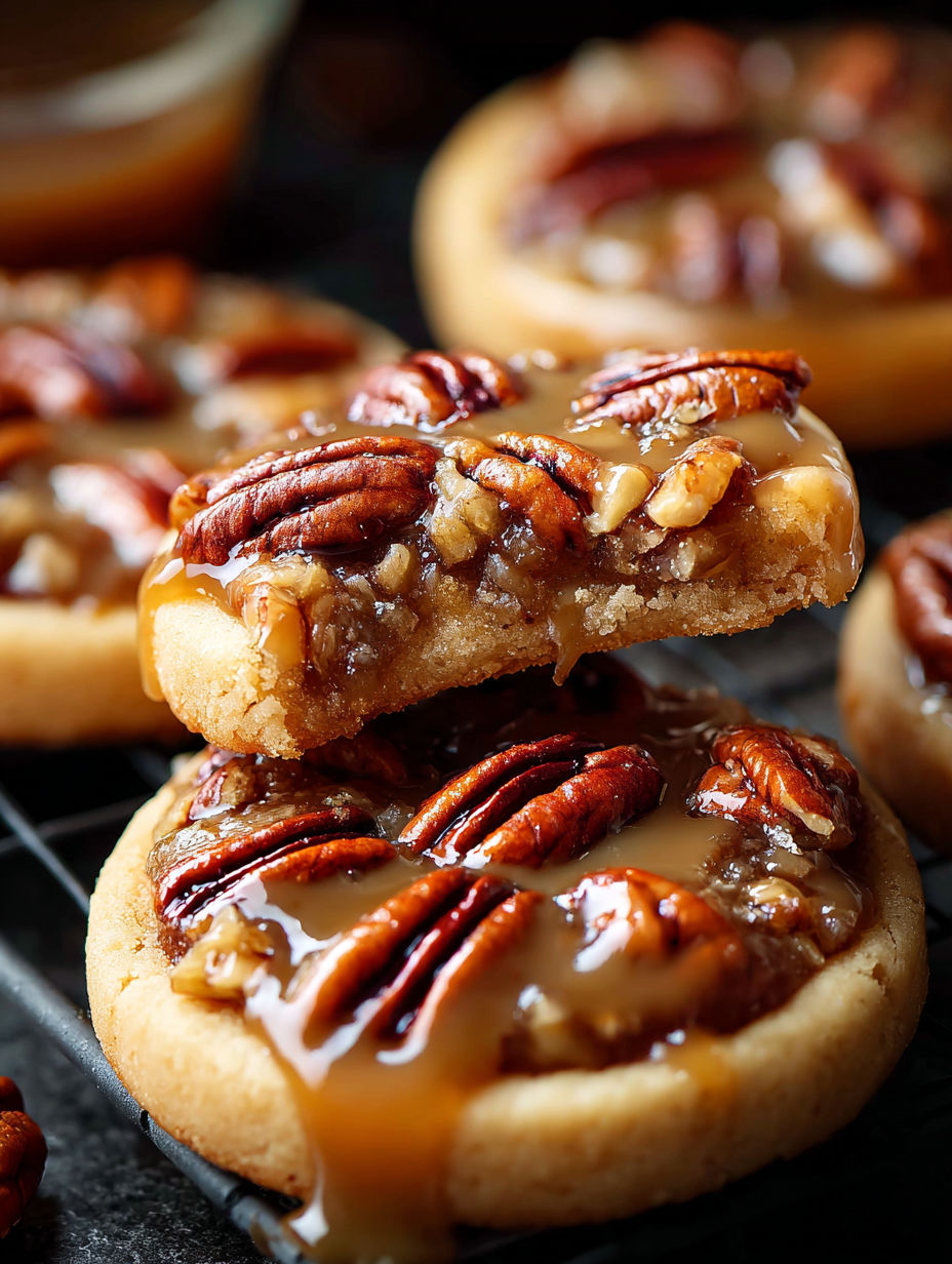 Pecan pie cookies with caramel sauce.