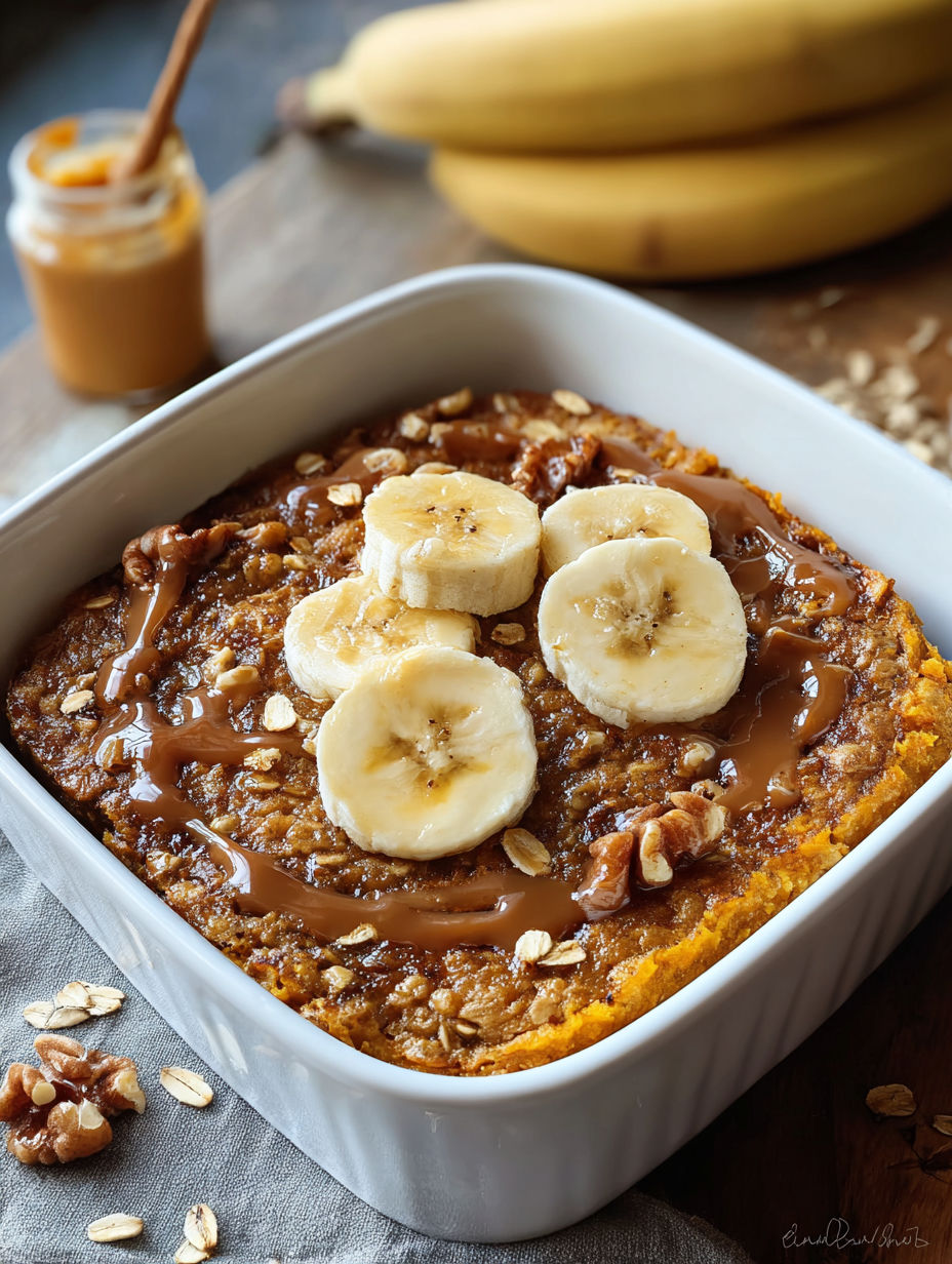 A dish of baked oatmeal with bananas and pumpkin.