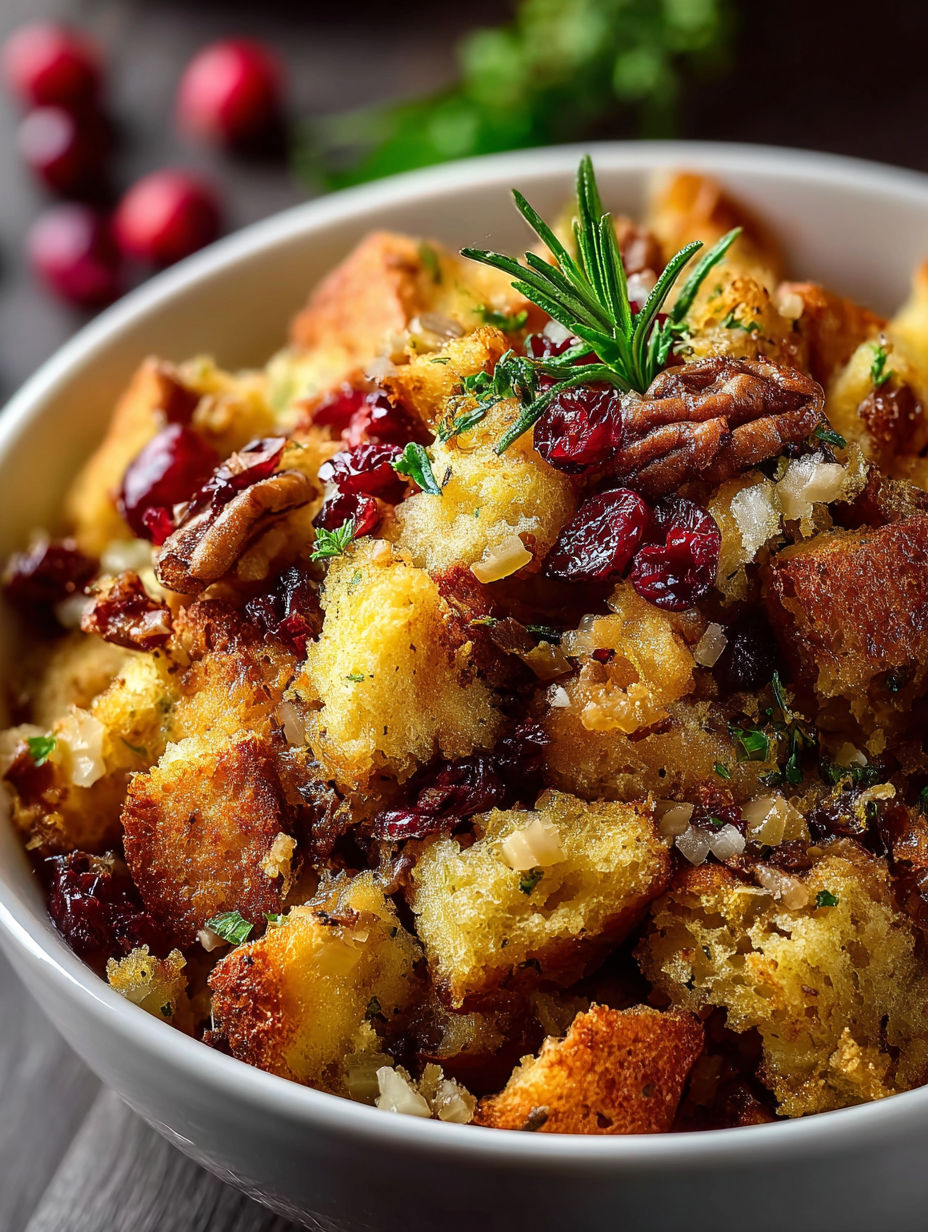 A bowl of cranberry apple stuffing.