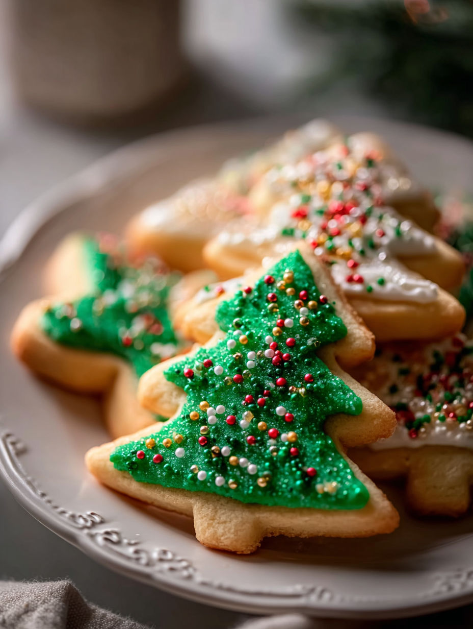 A plate of Christmas tree cookies.