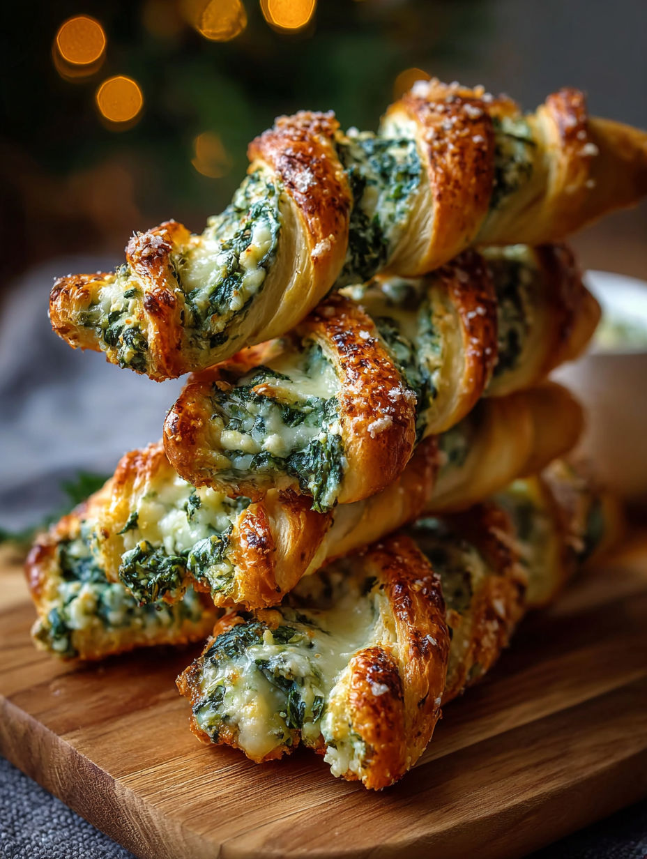 A stack of spinach breadsticks on a table.