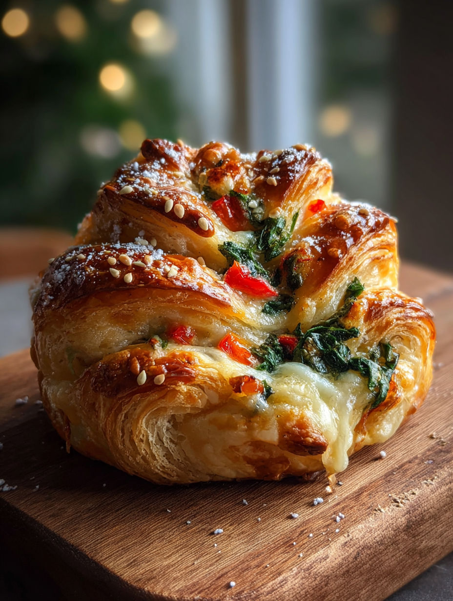 A pastry with cheese and vegetables on top.