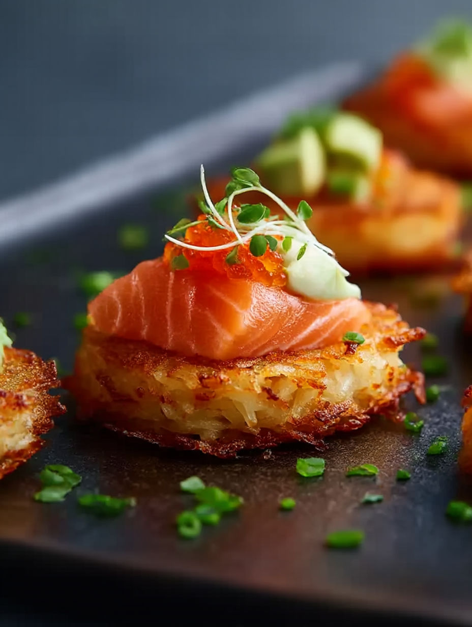 A plate of food with a salmon crispy rice on it.