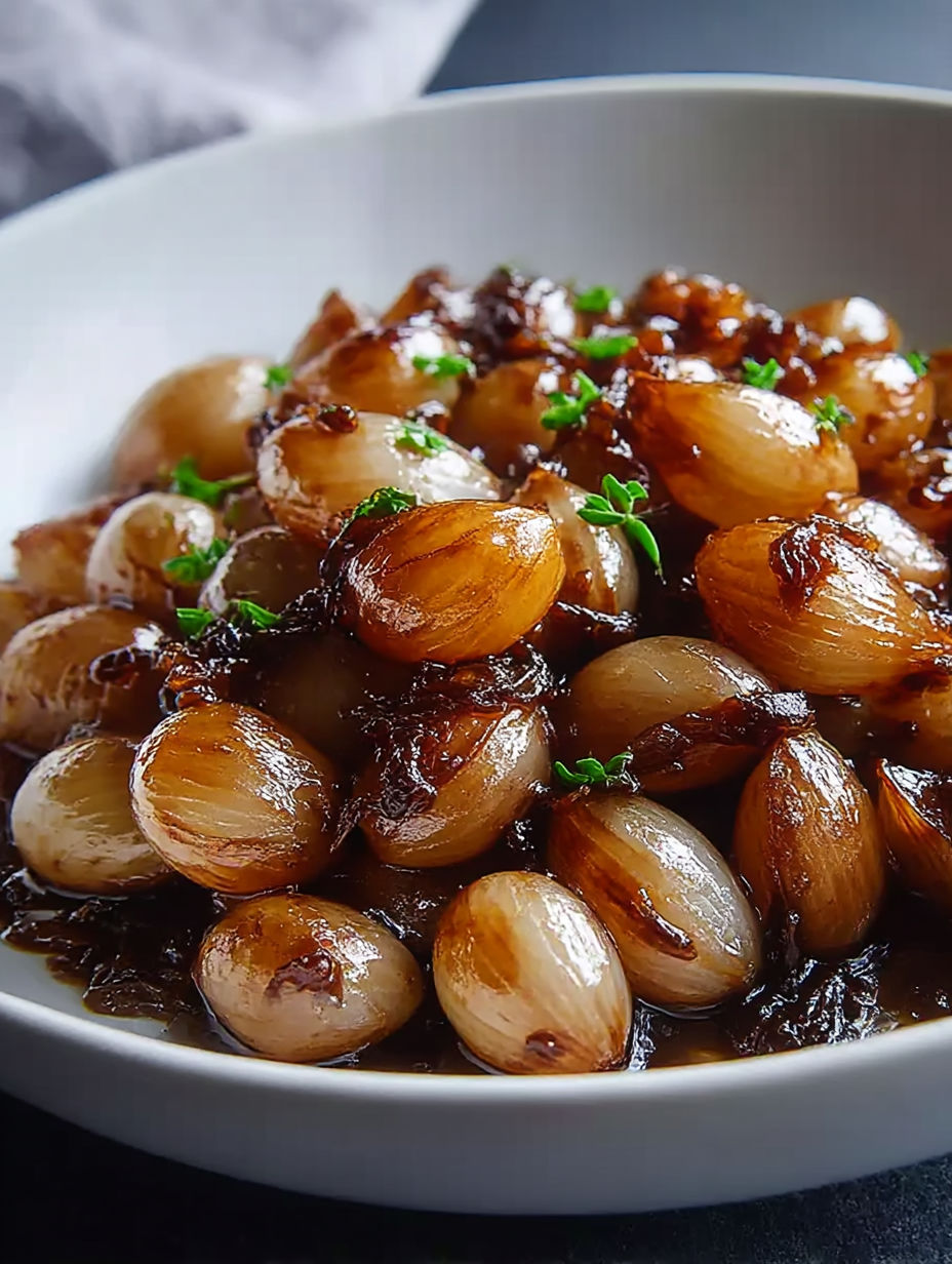 A white bowl filled with balsamic glazed pearl onions.