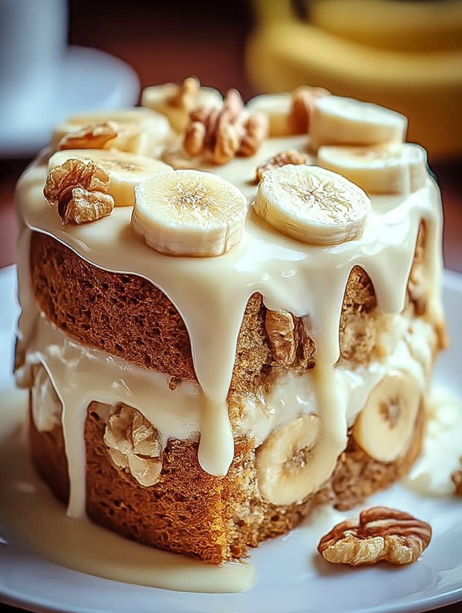A slice of banana walnut cream cake.