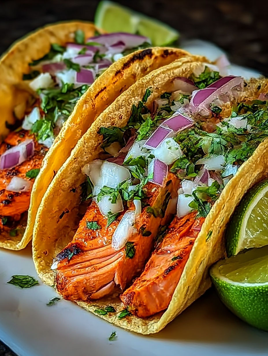 Two chipotle lime salmon tacos with onions and limes.