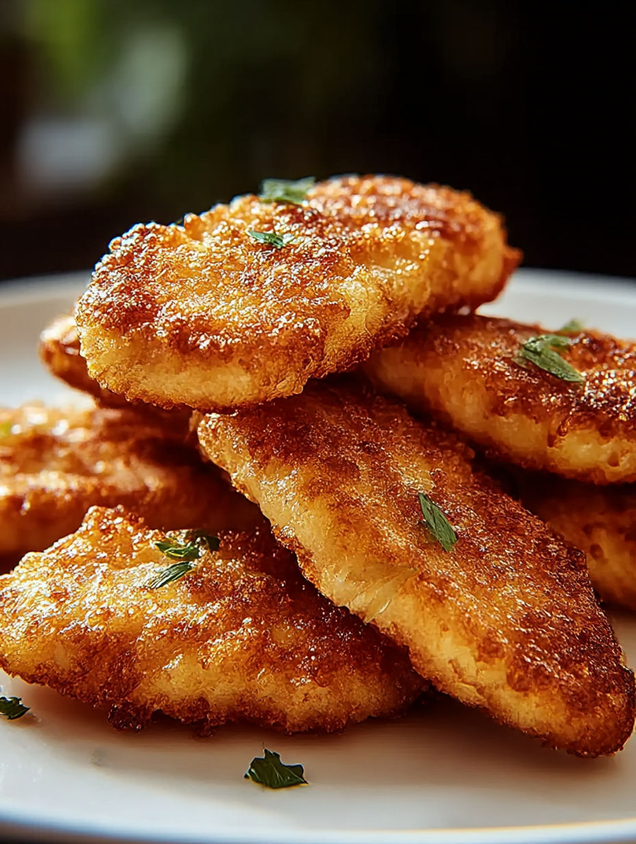 A stack of fried food on a plate.