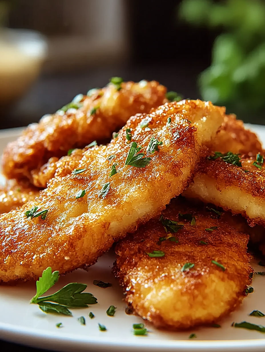 A plate of fried food with a green herb on top.