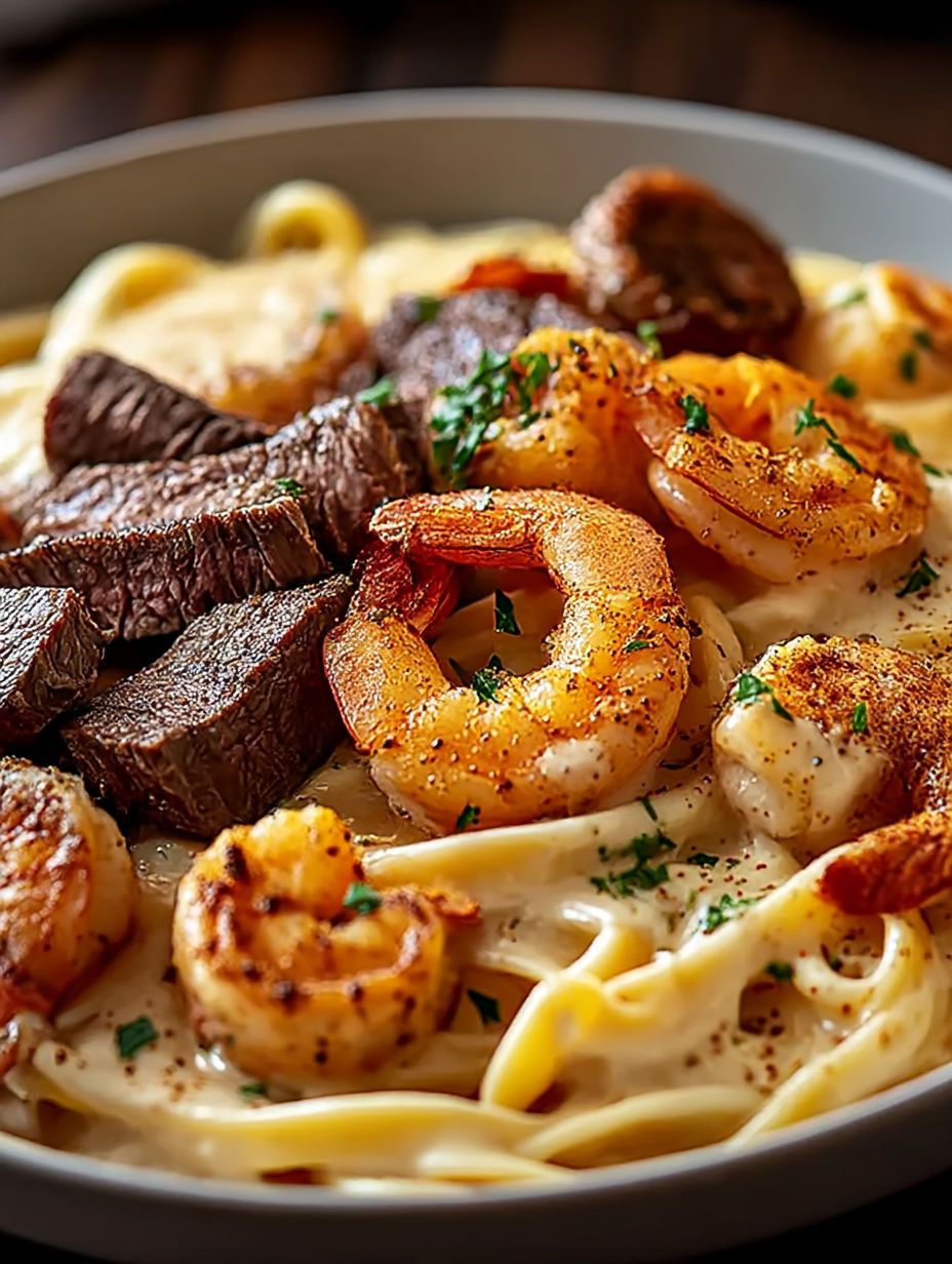 A plate of Cajun Shrimp and Steak Alfredo Pasta.