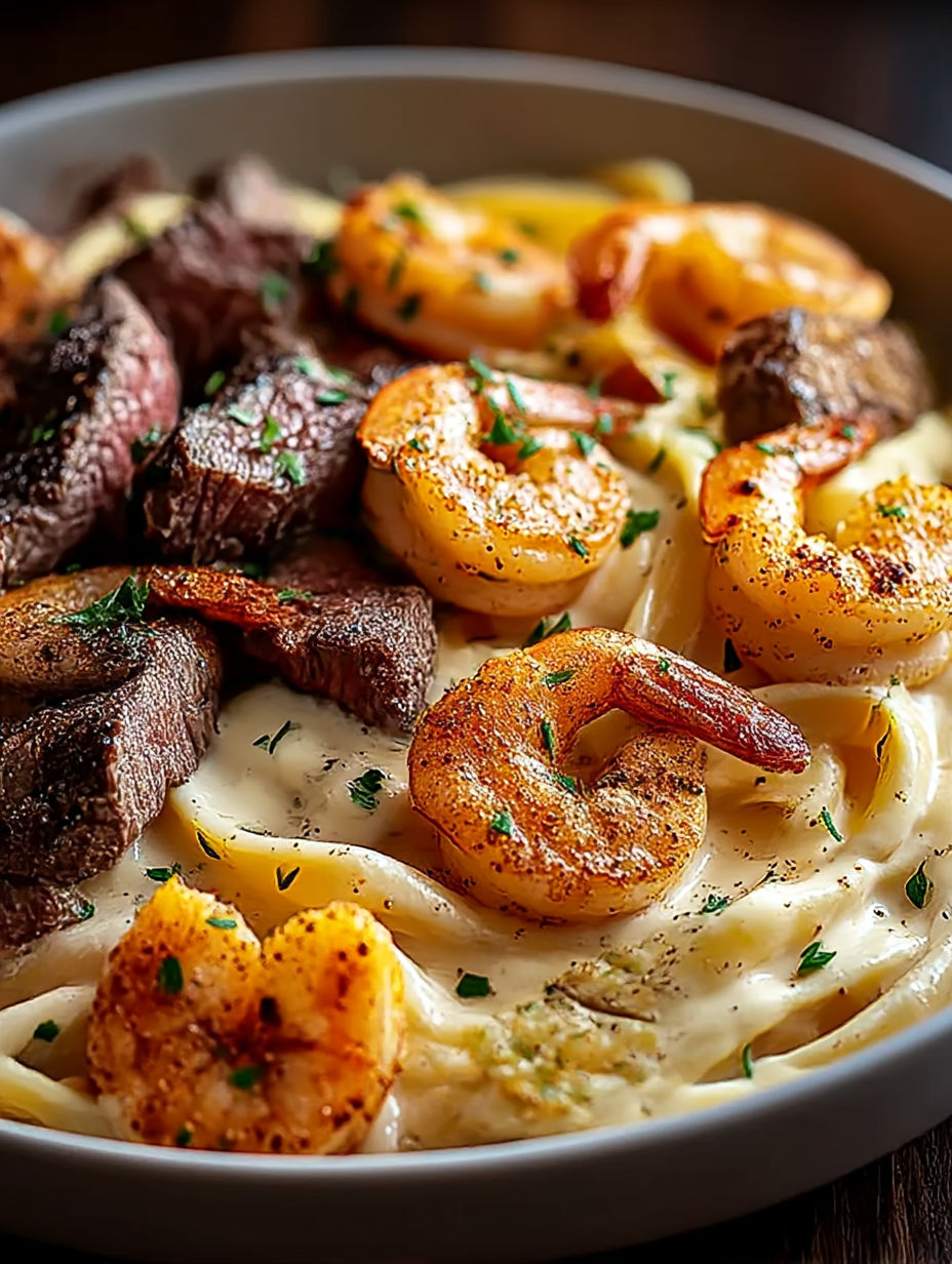 A bowl of Cajun Shrimp and Steak Alfredo Pasta.