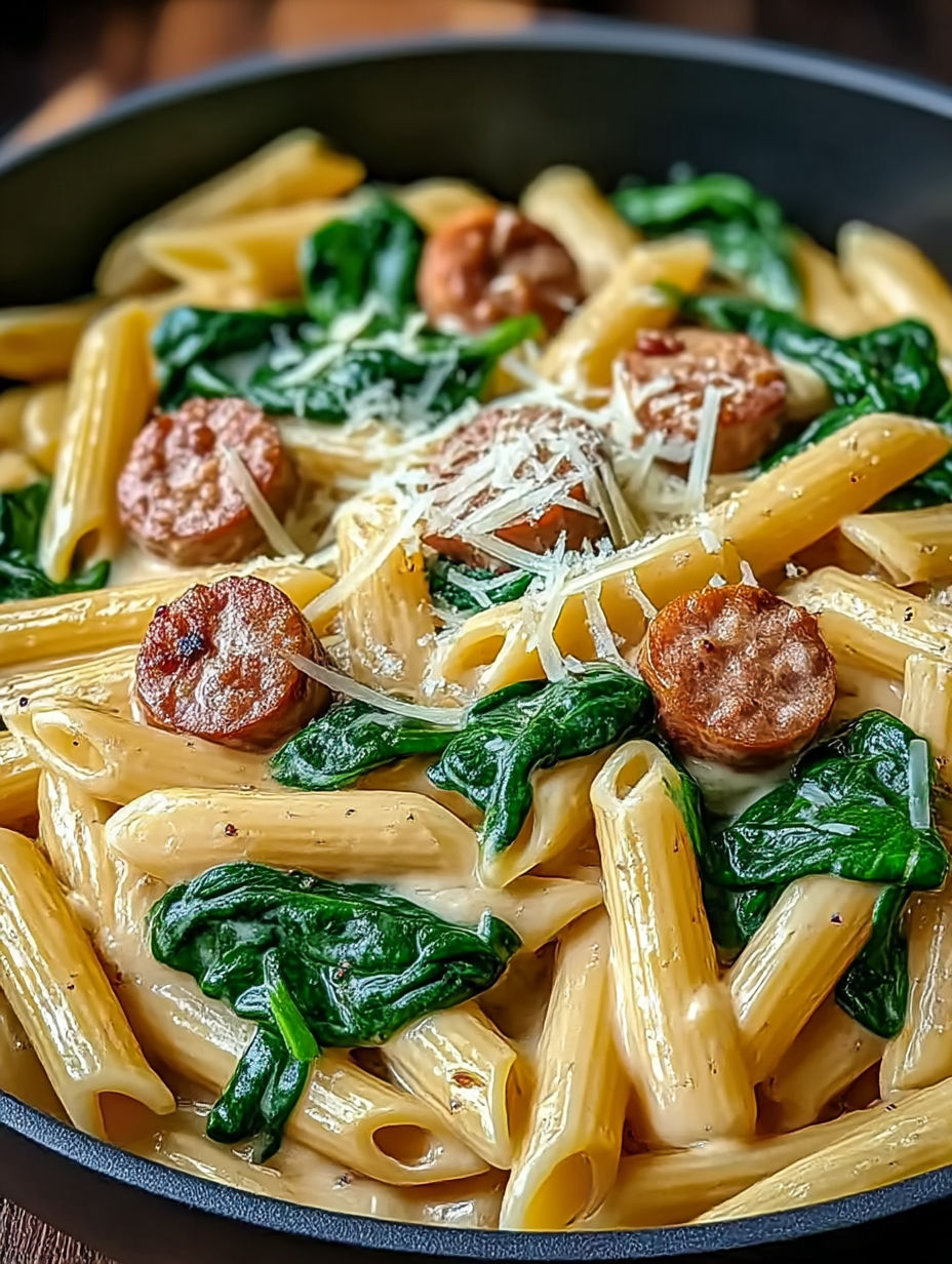 A delicious one-pan creamy penne with spinach and Italian sausage.