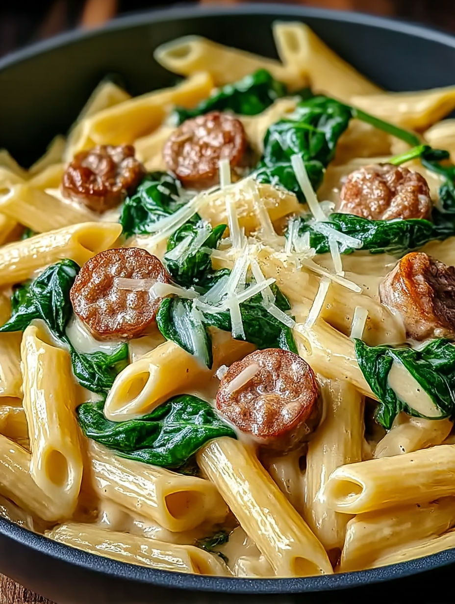 A dish of pasta with spinach and sausage.