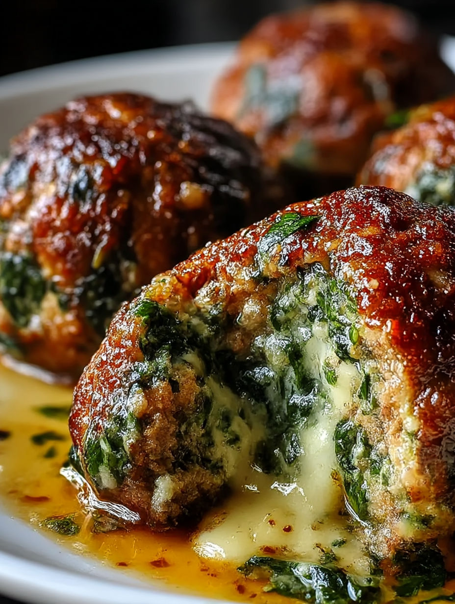 A plate of meatballs with spinach and garlic.